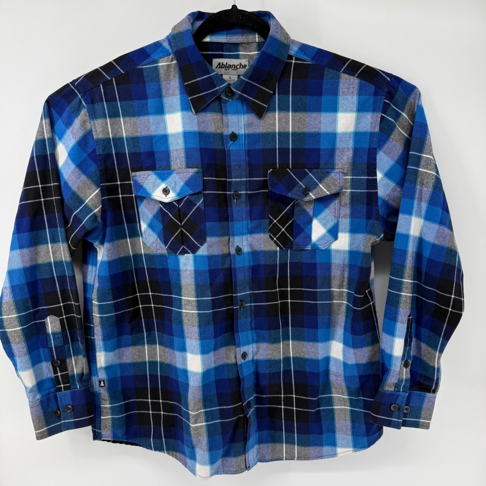 Ablanche New York Mens XL Blue Black Plaid Flannel Button Down Shirt Pockets